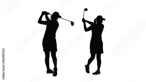 Silhouettes of two female golfers swinging clubs on a white background