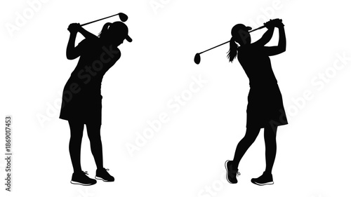 Silhouette of a woman golfer in mid swing shown from two angles