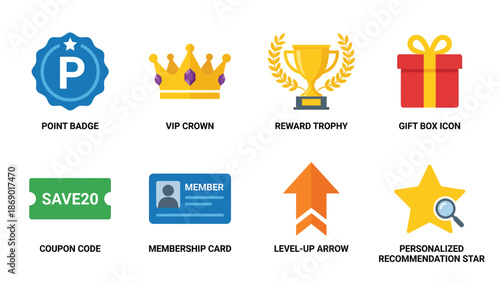 Loyalty Program, Reward System, Membership Card, Coupon, and Gamification Vector Icons Set