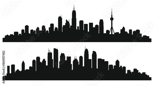 Silhouetted city skylines against a white background showing urban landscapes