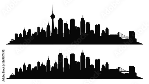 Silhouetted cityscape with iconic towers and bridge against a white backdrop