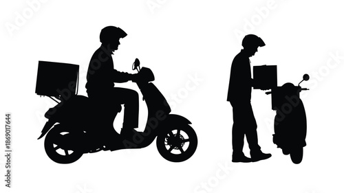 Two delivery riders on scooters in silhouette exchanging packages outdoors