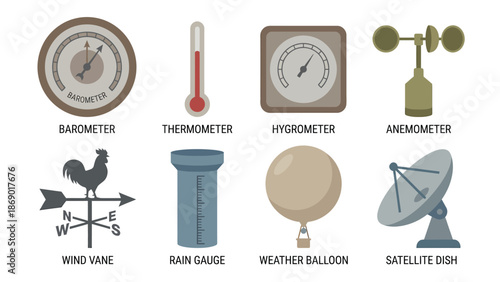 Set of Weather Instruments and Meteorological Devices. Flat Design Icons for Forecasting, Measurement, and Atmospheric Monitoring.