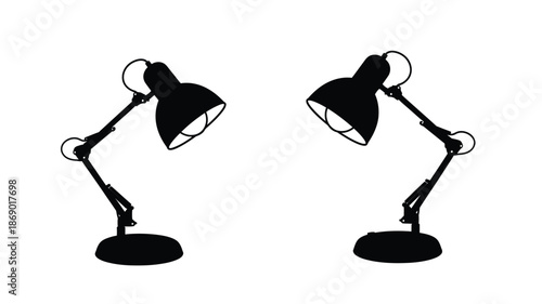 Two black desk lamps mirrored and facing each other on a white background