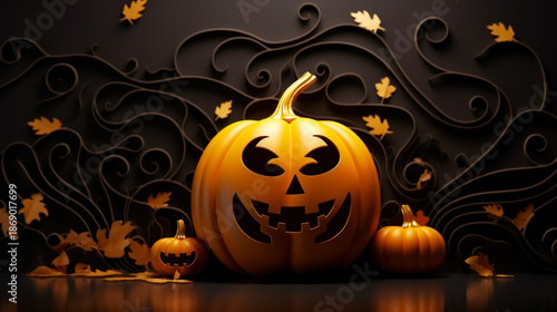 Close-up of carved Halloween pumpkin with decorative swirls and autumn leaves, elegant spooky design perfect for premium seasonal content.