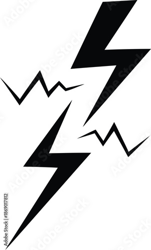 Black vector silhouette of jagged lightning bolt icon isolated on white background, symbol of high voltage electricity, thunder storm energy, and dangerous power flash for warning sign logos.
