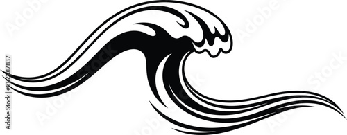 Stylized black vector silhouette of a crashing ocean wave icon isolated on white background, perfect for tribal tattoo art, summer surf logos, and nautical graphic design elements.