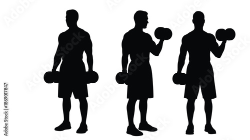Silhouette of a man exercising with dumbbells in three different poses