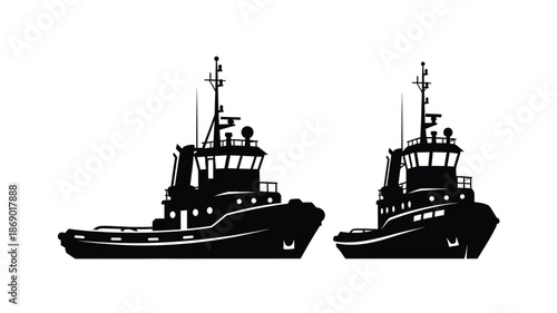 Two black silhouette tugboats facing opposite directions on a white background