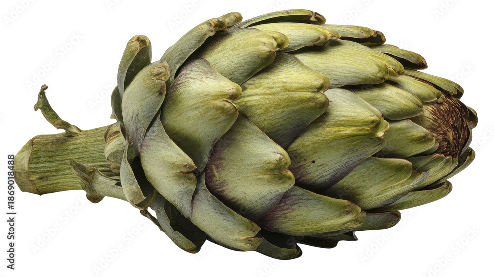 Fototapeta premium Green artichoke bud ready for cooking, representing healthy plant based raw food ingredients on transparent background