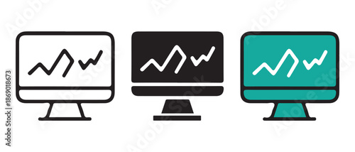 Computer Monitors Displaying Stock Market Graphs and Charts Icons Set.