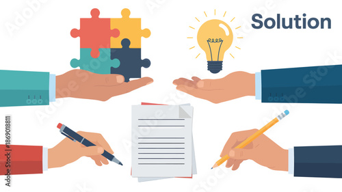 Teamwork Hands Solving Puzzle and Brainstorming Solution with Documents Vector Illustration