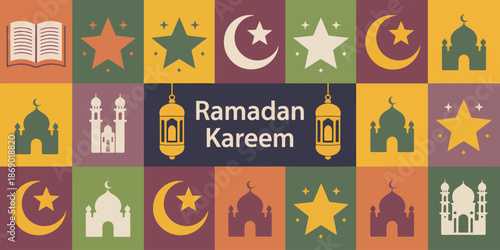 Ramadan Kareem Greeting with Islamic Symbols Pattern, Flat Design Vector Illustration