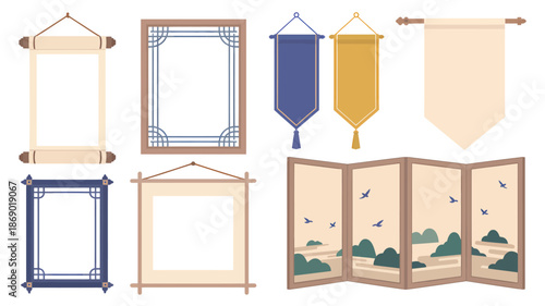 Traditional Asian Scroll Frames Banners Folding Screen Isolated Vector Set