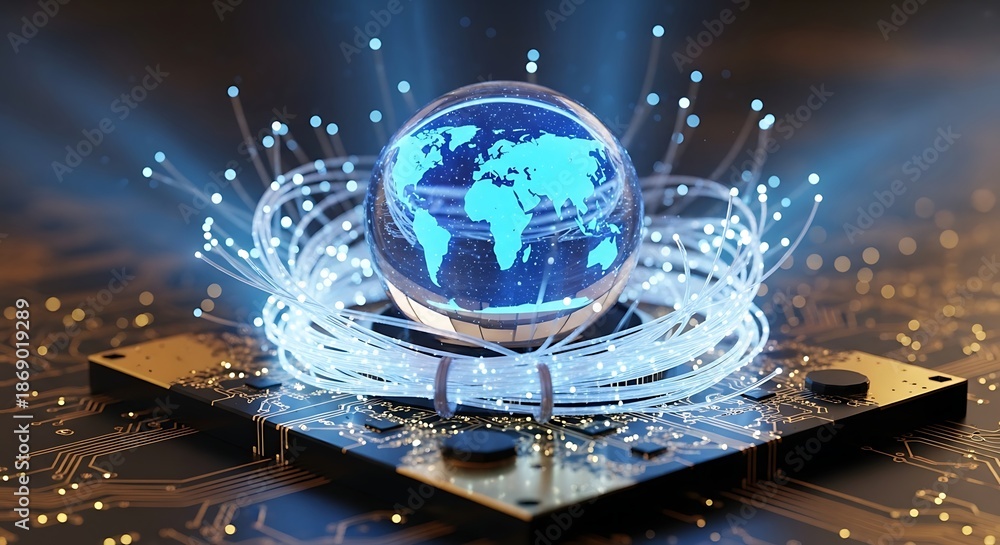 Fototapeta premium Glowing digital world globe resting on complex technology with bright fiber optics