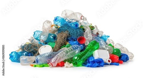 A pile of colorful plastic bottles and other waste materials on a white background.