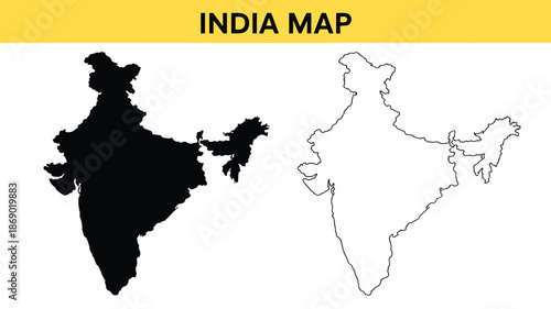 India Country Map Minimalist Graphic in Black and White Vector Silhouette and Outline for Educational Presentation.