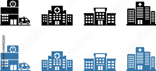 Hospital Building Icon Set in Solid and Flat Style. Hospital Building silhouette. Minimal hospital building icon set in solid and flat style, featuring medical centres, clinics, emergency facilities, 