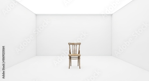 A solitary wooden chair in a white, empty room with a skylight.