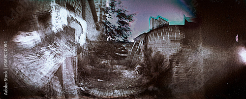 Old Abandoned Yard With Overgrown Plants and Fading Buildings