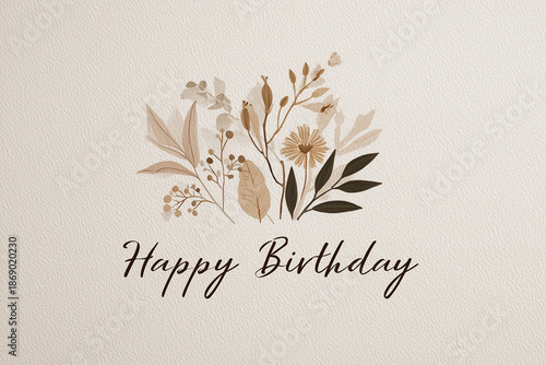 Birthday card with modern design features neutral tones and floral decorations suitable for various celebrations and personal messages