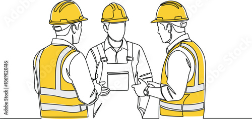Professional construction workers in yellow hard hats and safety vests discussing project plans on site in a continuous line art style.