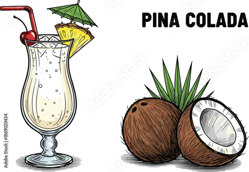 Piña Colada Cocktail with Pineapple, Cherry, Umbrella – Coconut Garnish and Text – Tropical Summer Drink Vector for Bar Menu