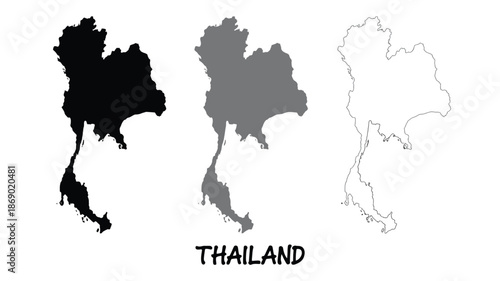 Thailand Map Silhouettes and Outline in Minimalist Graphic Style with Black, Grey, and White Colors for Geographic Design and Education.