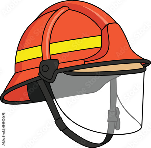 Protective red firefighter helmet vector illustration with yellow reflective stripe and transparent face shield, isolated on a clean white background, safety equipment.