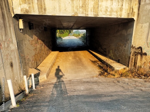 Quadro su tela The silhouette of a young man riding a bicycle through an underpass