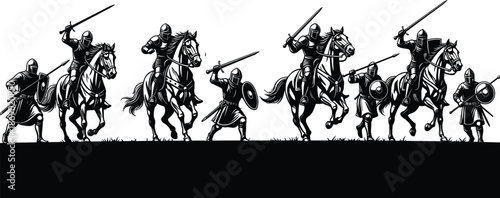 Medieval knights cavalry charge illustration with armored warriors on horseback, dramatic black and white battle silhouette for historical warfare themes