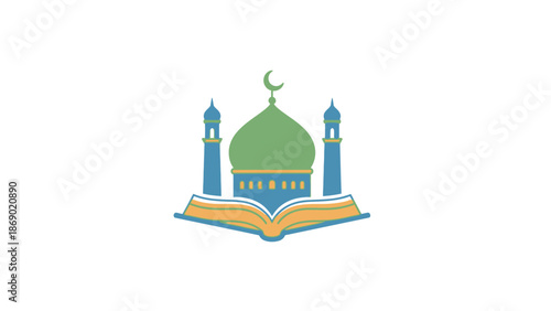 Stylized mosque building with minarets and a dome, featuring a crescent moon and star, resting on an open book, symbolizing Islamic knowledge, wisdom, and spiritual learning