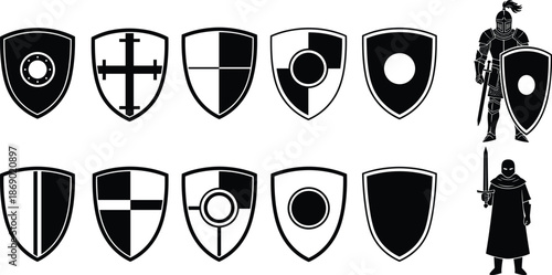 Medieval shield silhouettes set with heraldic designs and knight warriors, black and white armor emblems collection isolated on white background illustration