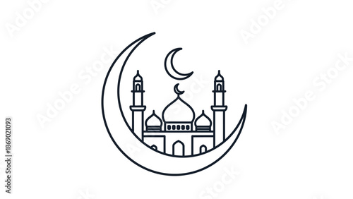 Elegant vector icon representing a mosque with two minarets nestled within a prominent crescent moon, embodying Islamic architecture, spirituality, and cultural significance