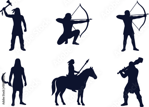 Medieval Warrior Silhouettes Set with Archers, Viking Fighter, Knight and Horseman, Ancient Battle Poses, Historical Fantasy Combat Characters Illustration