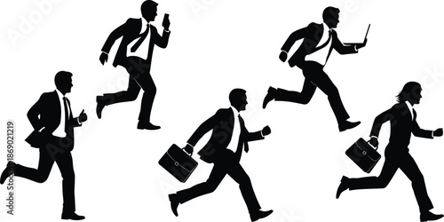 Business professionals illustration, running silhouettes, corporate attire, office rush, time management, workplace hustle, dynamic artwork, black design