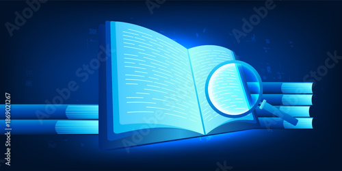 Online Education Technology with Digital E-Book, Open Book and Magnifying Glass, E-Learning Concept, Knowledge Research, Digital Library, Online Study, Smart Education, Modern Learning Technology