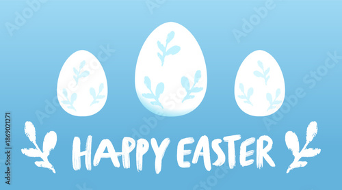 Happy Easter greeting card with Easter eggs. Hand drawn brush lettering and blue minimal background, Spring holiday illustration. Vector illustration