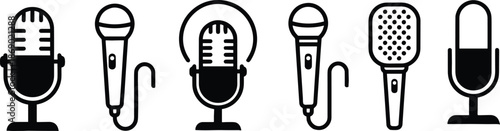 Microphone icon set, studio and handheld, podcast gear, audio equipment, black vector design, music sound tools, broadcast symbols