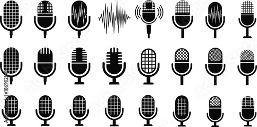 Microphone icons vector, audio equipment silhouette, sound recording symbols, podcast tools, black flat mic designs, music gear, cad drawing flat vector illustration