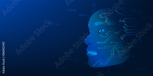 Humanoid AI Robot Face with Integrated Technology Circuits,  Human Like Robot, Advanced AI Innovation, Digital Brain