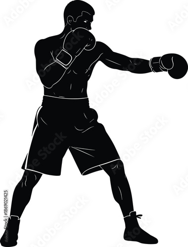 Silhouette of male boxer in fighting stance throwing a punch or jab, strong athlete wearing boxing gloves and shorts, sport training exercise vector illustration