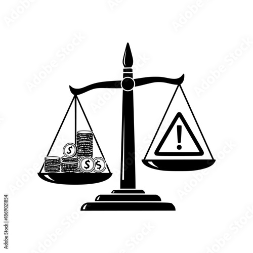 scales balancing coins and warning sign for financial risk and balance