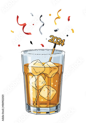 A glass of whiskey on the rocks with ice, framed by confetti and a festive celebration vibe.