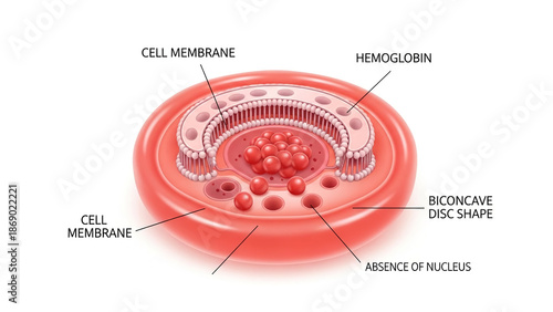 Anatomy of a human red blood cell diagram showing hemoglobin and biconcave disc shape