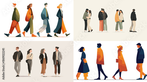 Flat illustration of people walking and standing in varied outfits showing fashion diversity and everyday movement in modern lifestyle and urban social scenes.