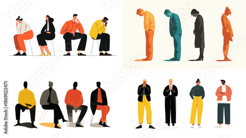 Vector illustration of people bending stretching and sitting showing body movement exercise and daily activities for wellness fitness and lifestyle concept designs.
