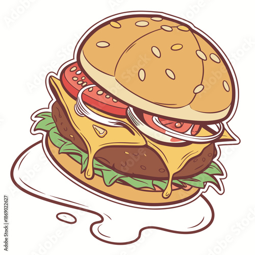 A mouth-watering cheeseburger with melted cheese, fresh lettuce, tomato, and onion on a toasted bun, perfect for a quick and satisfying meal