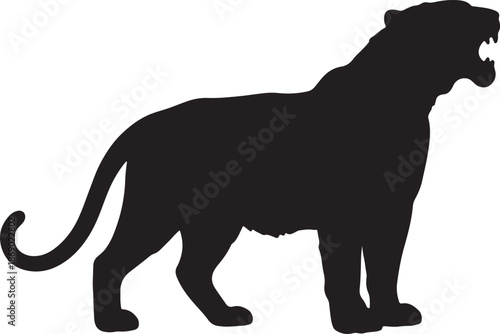 A black isolated wildlife illustration featuring a lion silhouette vector roaring