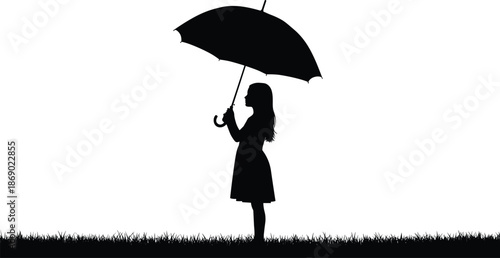 Silhouette of child with umbrella on grass, symbolizing innocence, solitude, protection, and peaceful outdoor moment in nature.